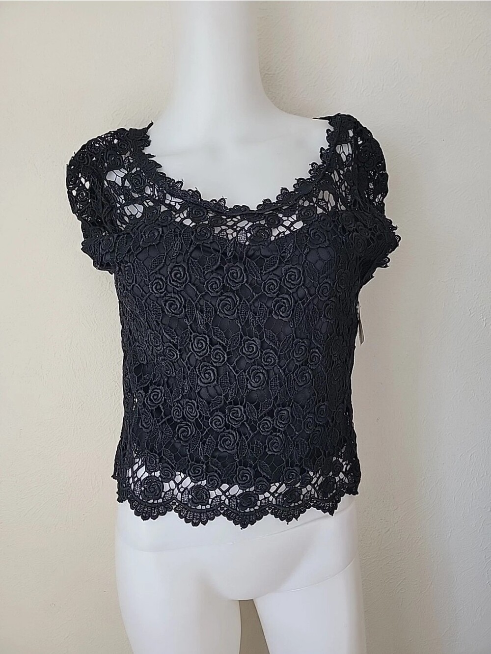 Vintage Black Lace Floral Short Sleeve Women's Top Whimsigoth Goth